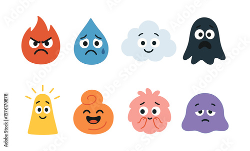 Colorful cute cartoon characters expressing diverse emotions in playful style