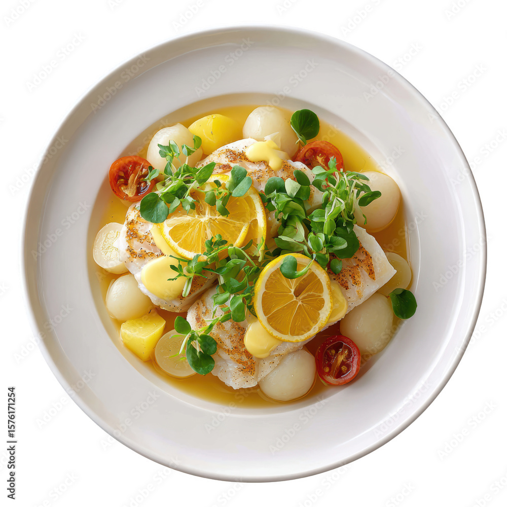 Steamed Flounder Fillet with Citrus Beurre Blanc and Baby Turnips Garnished with Micro Citrus Leaves Steamed Flounder Fillet with Citrus Beurre Blanc and Baby Turnips Garnished with Micro Citrus Leaves