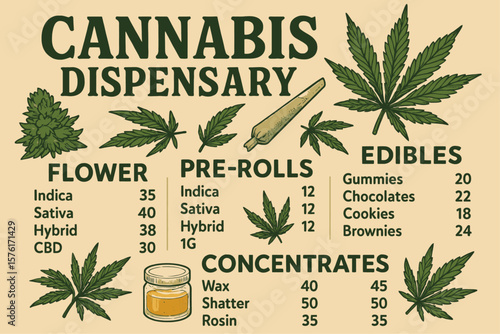 Cannabis Dispensary Menu Vector Illustration – Marijuana Price List with Flower, Edibles, and Concentrates