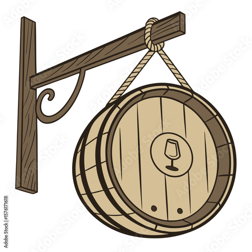 Round Wooden Sign Board Hanging on Wall with Rope – Blank Wood Panel Icon