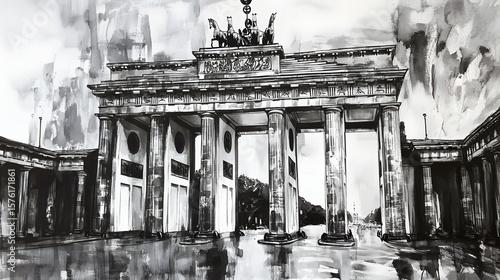 Ink Wash Drawing of Brandenburg Gate in Berlin.