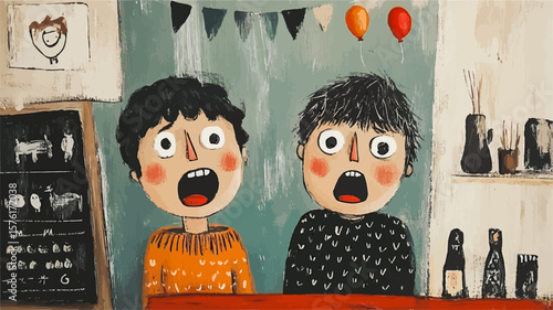 Two surprised children looking with amazement in a classroom decorated with balloons and drawings