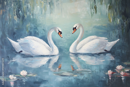 Fototapeta Naklejka Na Ścianę i Meble -  two swans are swimming in a pond of water