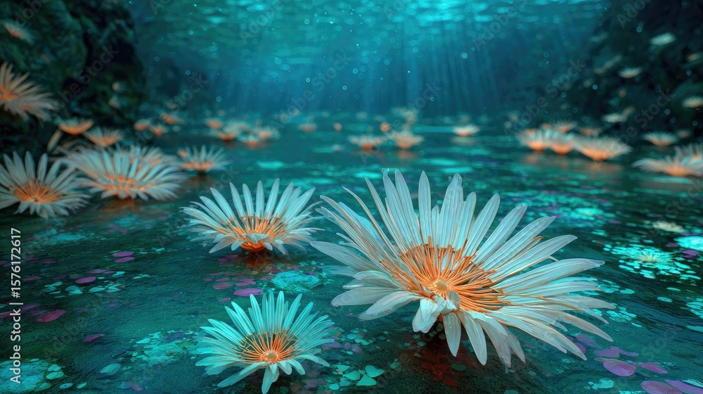 Fototapeta premium Subaquatic flowers illuminate a mystical waterway.