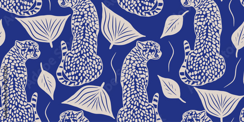 Leopard and Leafy Motif Seamless Pattern