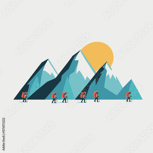 Hikers trek past snowcapped mountains beneath a sun