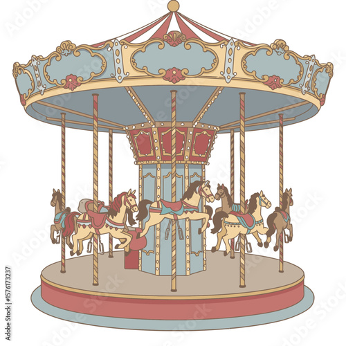 Carousel image horses around center tan platform red roof with blue trim