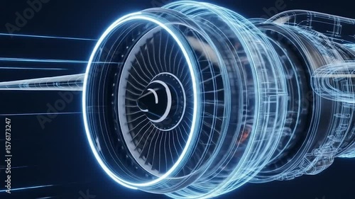 A translucent jet engine's intricate internal components are showcased, highlighting its powerful design and complex mechanics.