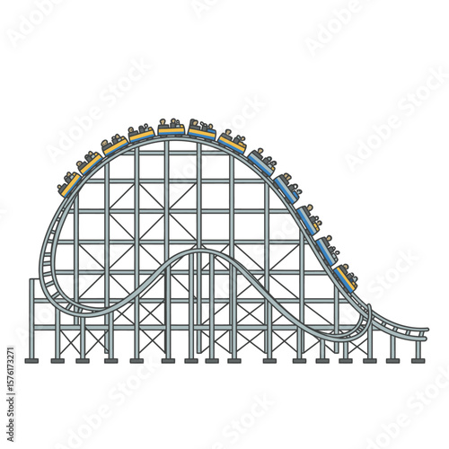 A color roller coaster with people riding on it is constructed with a grey metal frame and tracks