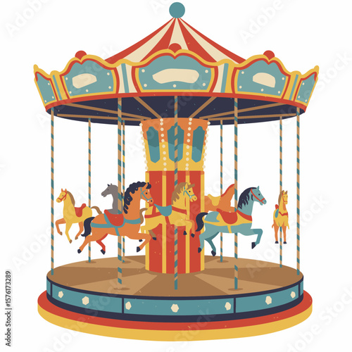 A colorful carousel with horses sits atop a tiered platform topped with a striped roof structure