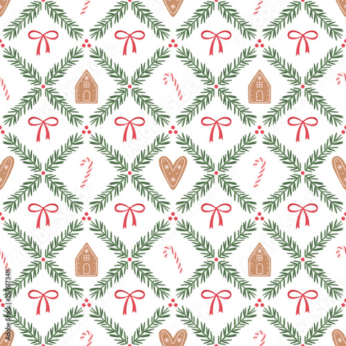 Seamless Christmas pattern with gingerbread house, heart cookie, candy cane, fir branches and red bows