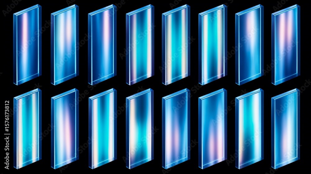 Fototapeta premium A dynamic 3D composition featuring multiple thin, semi-transparent rectangular glass panels arranged in a straight linear formation. This modern abstract background is perfect for futuristic designs