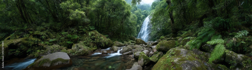 Fototapeta premium Majestic waterfall adventure lush forest panoramic hdr 360 degrees nature scene