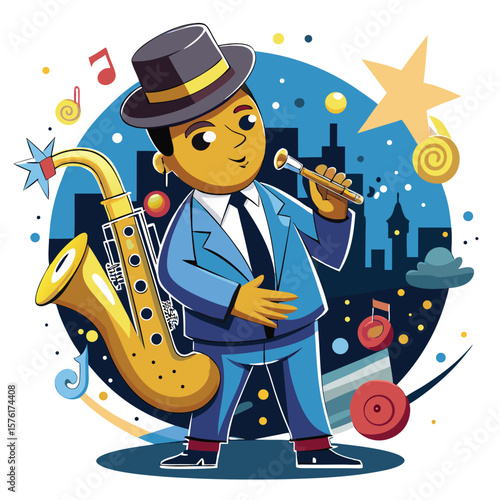 cartoon-saxophonist-in-fedora-city-lights-t-shirt-design