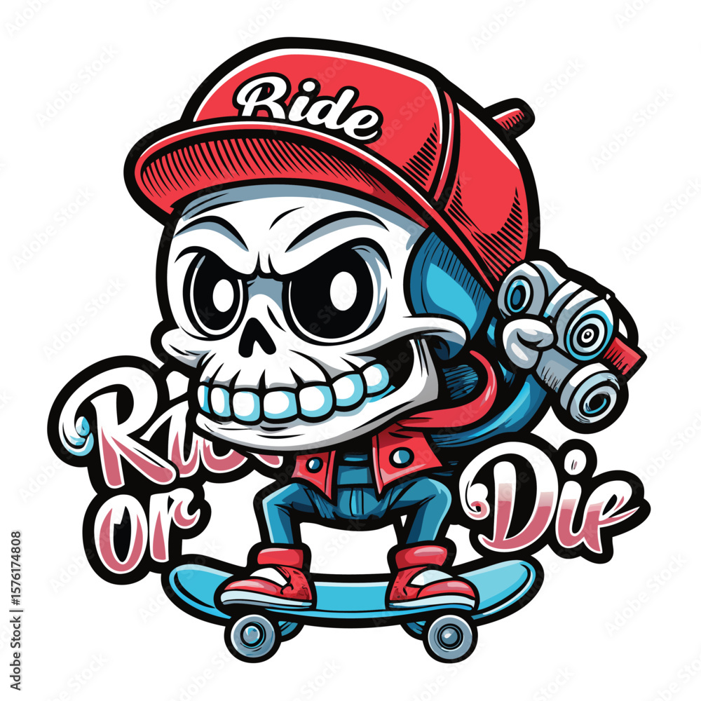 Fototapeta premium cartoon-skull-in-backward-cap-with-skateboard-t-shirt-design