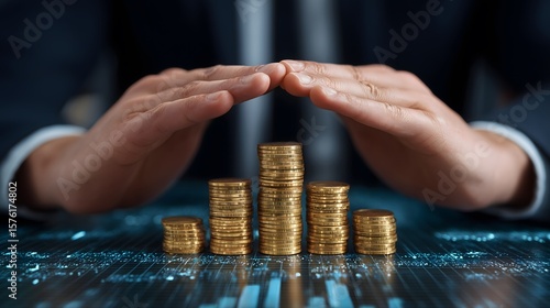 Close-up of hands protecting coins