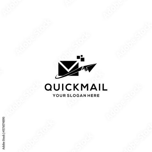 Quick mail logo with a rocket and envelope flying