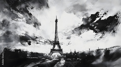 Parisian cityscape depicted in grayscale ink style.