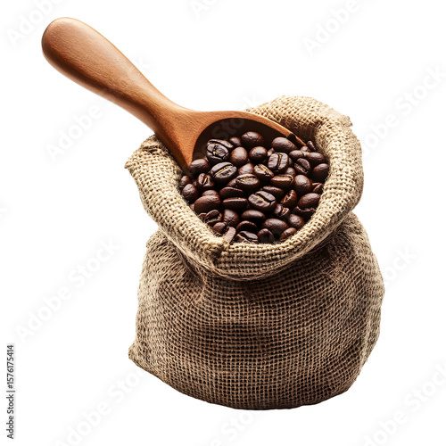Aromatic delight: Coffee beans in a burlap sack with a wooden spoon against black