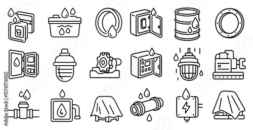 Series of black and white icons depicting various plumbing and electrical equipment. The icons include a sink, a washing machine, a shower, a faucet, a pipe, a valve, a light switch, a thermostat