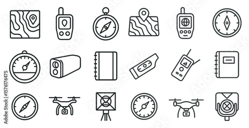 Collection of icons for various devices and tools, including a compass, a camera, and a book