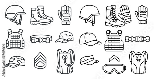 Collection of military gear and equipment. The image is a collection of various items such as helmets, gloves, and backpacks. Scene is that of a soldier or military personnel