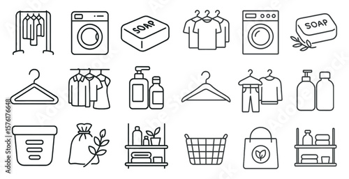 Set of laundry symbols and icons, including a washing machine, clothesline, and soap. Scene is that of a laundry room, with a focus on the various items used for washing and drying clothes