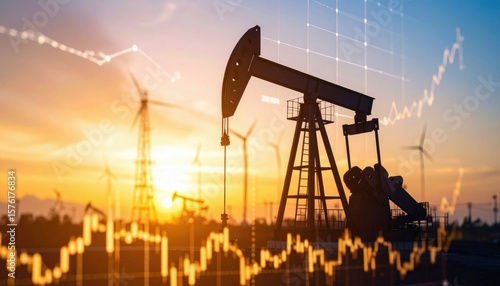 Oil pumpjack operates at sunset with wind turbines in the background, overlaid by fluctuating stock market graphs.