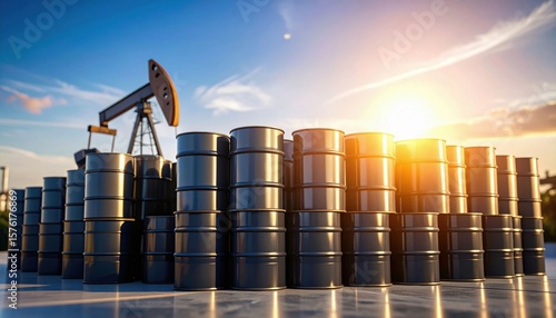 Oil barrels stacked outdoors with an oil pumpjack in the background during sunset, symbolizing energy production and petroleum industry.