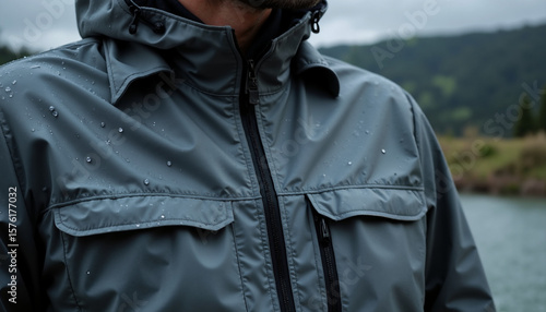 Man wearing waterproof jacket with rain droplets by the water  