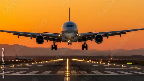 Airplane landing on runway during golden sunset with mountain backdrop and runway lights glowing