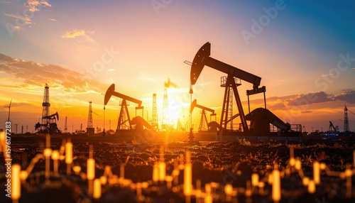 Oil pumpjacks operate at sunset over a vast oil field, highlighting industrial energy extraction amid a colorful sky.