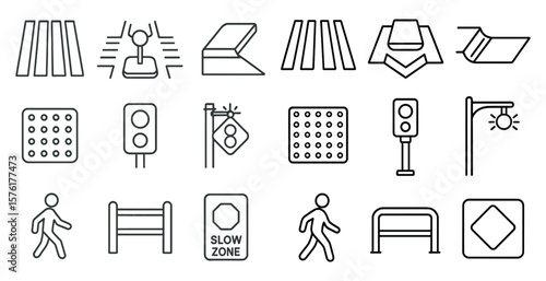 Series of icons for traffic signs and pedestrian crossings. The icons are all in black and white and are arranged in a grid