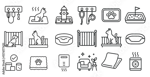 Series of black and white icons for pets and pet supplies. The icons include a cat, a dog, a dog bed, a cat bed, a litter box, a dog leash, a dog toy, a dog crate, a dog bowl