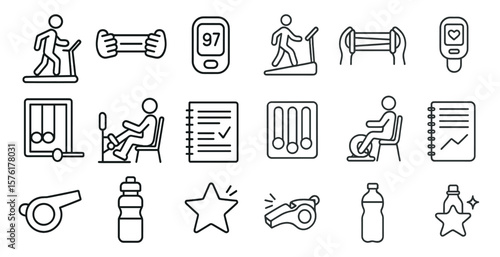 Series of icons for fitness and exercise. The icons include a person running, a person sitting, a person lifting weights, a person on a bike, a person on a treadmill, a person on a stationary bike