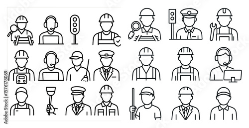 Collection of people in various work uniforms. Scene is professional and serious. The idea of the image is to showcase the diversity of jobs and professions that people can have