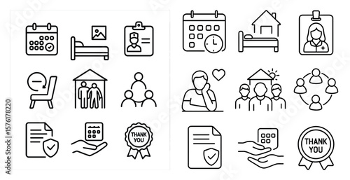 Set of icons for a calendar, a bed, a house, a chair, a clock, a person, a bed, a house, a chair, a clock, a person, a bed, a house, a chair, a clock,