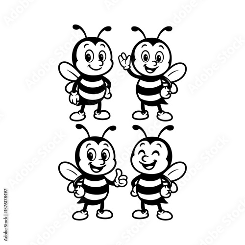 Children coloring - fun cute bees compilation cartoon character isolated drawing line style sketch classic vintage design illustration