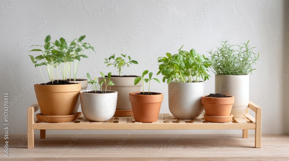 Fototapeta premium Fresh herbs and vegetables growing indoors on a wooden shelf with various pots during daylight hours