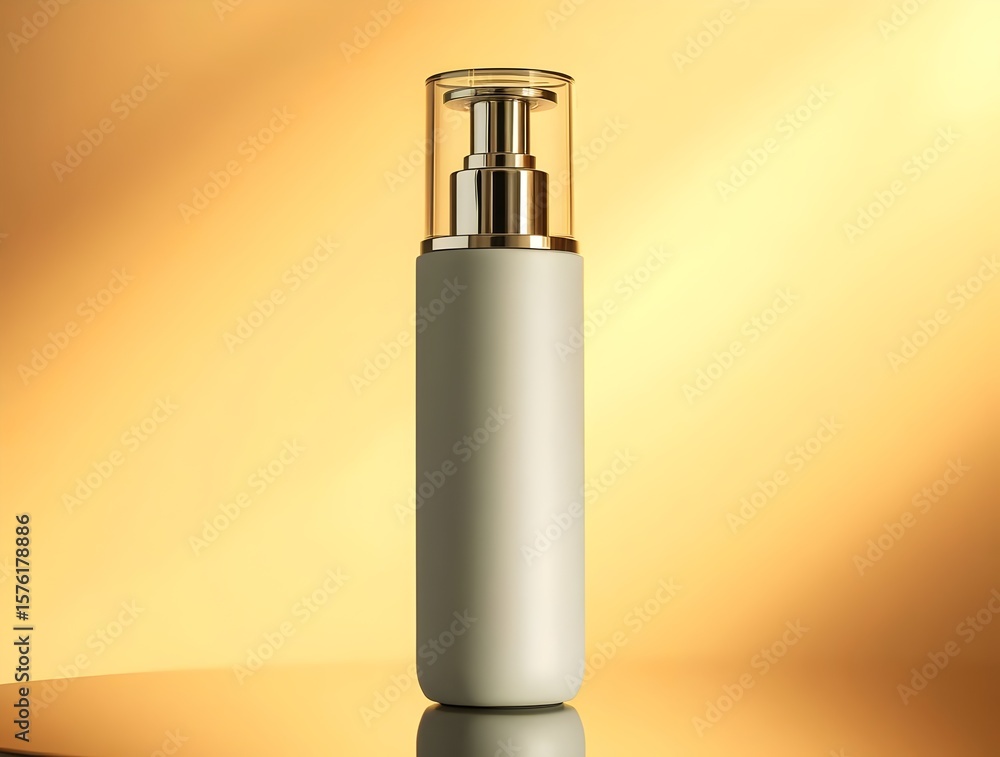 Elegant White Pump Bottle on Gold Background: Perfect for Cosmetic & Beauty Product Packaging