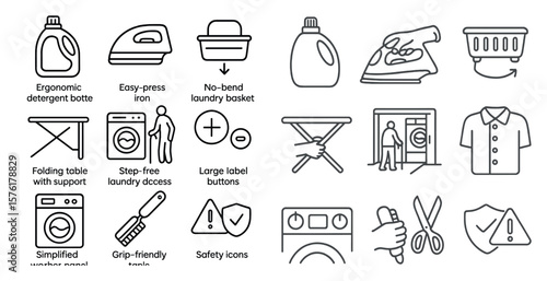 Set of icons for laundry and ironing. The icons include a washing machine, iron, ironing board, and a laundry basket