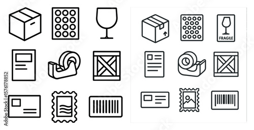 Collection of various items, including a box, a glass, a tape dispenser, and a fragile sticker. The items are arranged in a grid-like pattern, with some overlapping and others standing alone