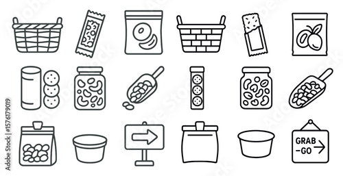 Set of grocery items are shown in a basket. The basket is filled with a variety of items including a bag of chips, a jar of nuts, a bag of cookies, a bag of crackers, a bag of pretzels