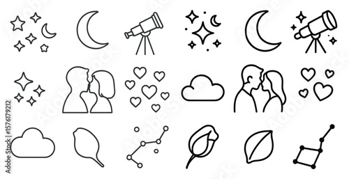 Collection of symbols and drawings, including a couple kissing, a heart, a star, and a telescope