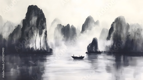 Misty mountains and a tranquil waterway.