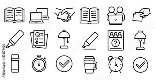 Set of icons for office supplies and office equipment. The icons include a pen, a book, a laptop, a clock, a cup, a mouse, a keyboard, a mouse pad, a laptop, a laptop bag, a laptop stand