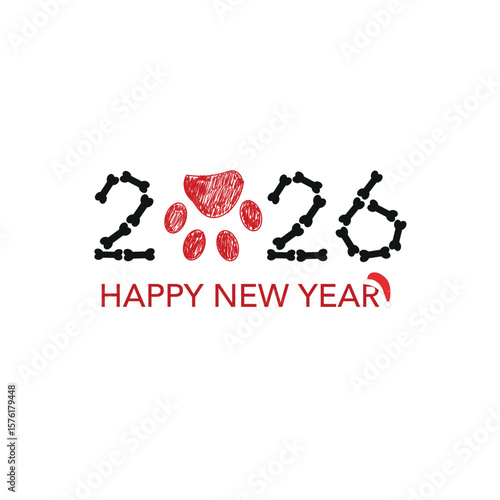 2026 text with doodle bone and paw print. Happy new year and merry christmas greeting card