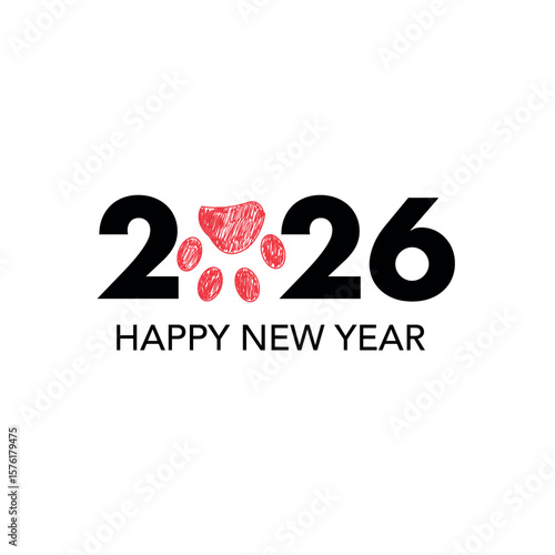 2026 text with doodle red paw print. Happy new year and merry christmas greeting card