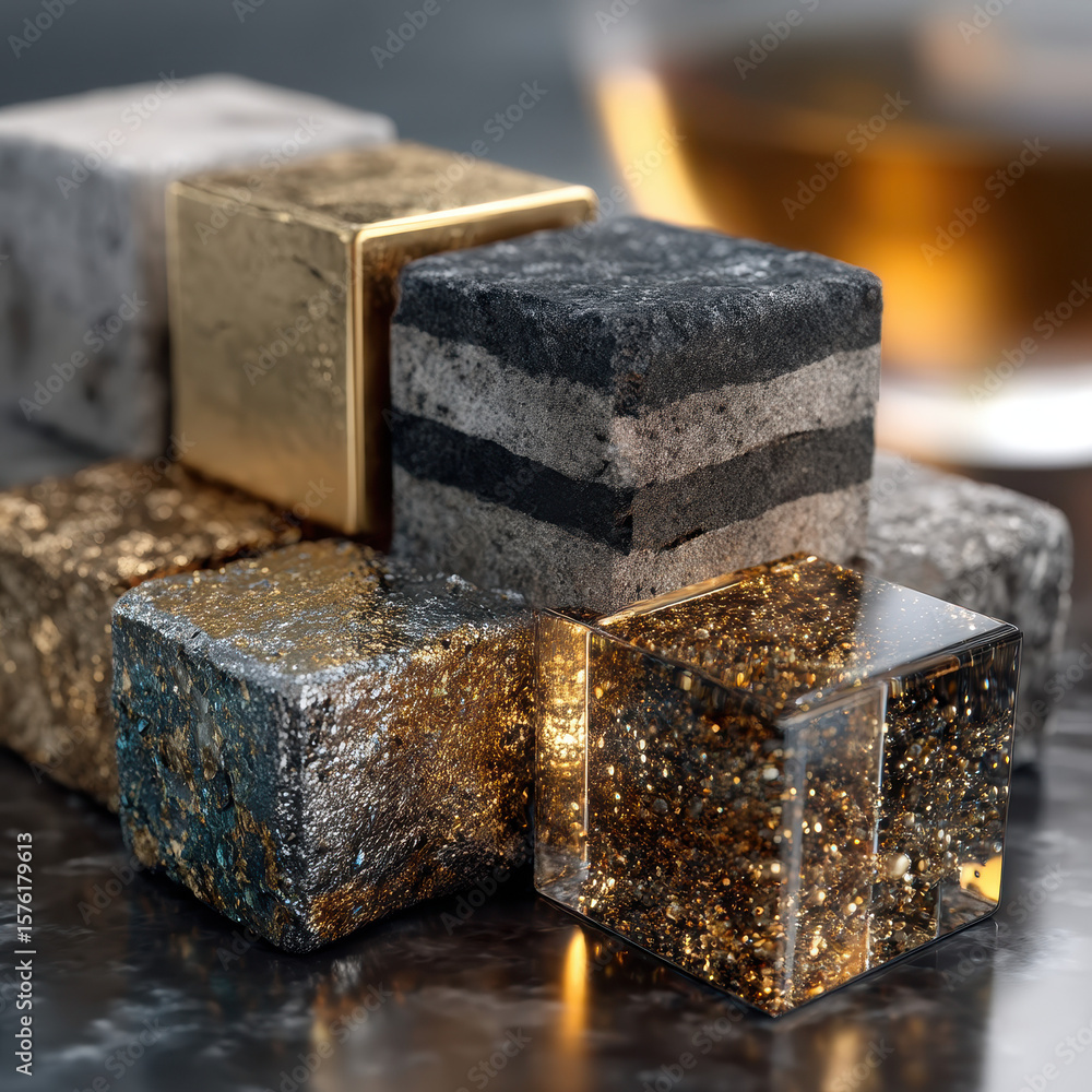 Presentation of rare earth elements showcases luxury and futuristic minimalism on a reflective surface with elegant lighting Presentation of rare earth elements showcases luxury and futuristic minimalism on a reflective surface with elegant lighting