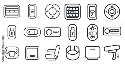 Collection of icons for various devices and controls. The icons are all in black and white and include a car key, a remote control, a camera, and a security system. Scene is one of organization